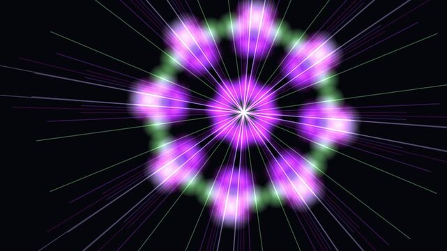 A glowing purple flower mandala with radiating light rays forms a seamless looping animation on a black background.