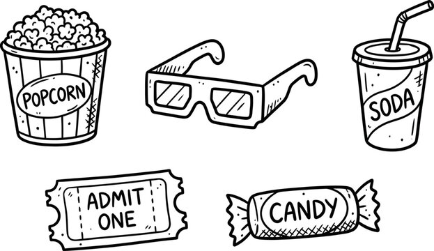 Hand drawn cinema icons collection featuring popcorn movie ticket d glasses soda cup and sweet candy doodle vector illustration