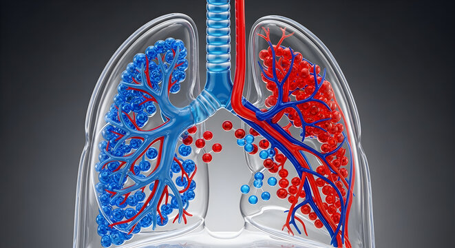 Transparent lungs model with red and blue vessels showing respiratory gas exchange process.