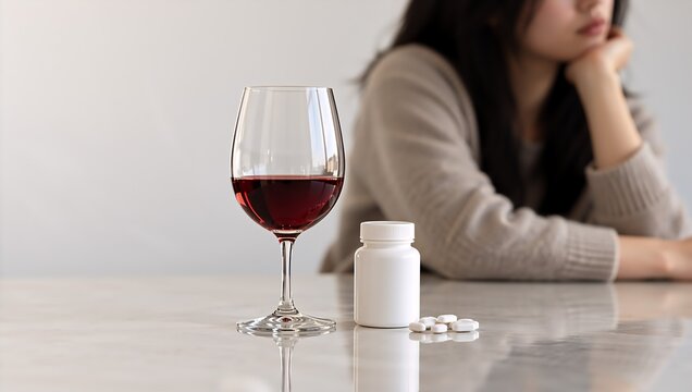 Red wine glass and prescription pills beside a seated woman. Antidepressants and alcohol use disorder concept. Depression treatment, medication safety and addiction recovery.