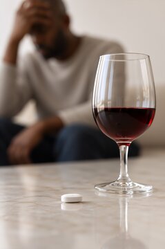 Wine glass and antidepressant pill beside a seated person. Alcohol dependence and depression treatment concept. Medication and substance use risk. Mental health and addiction care.