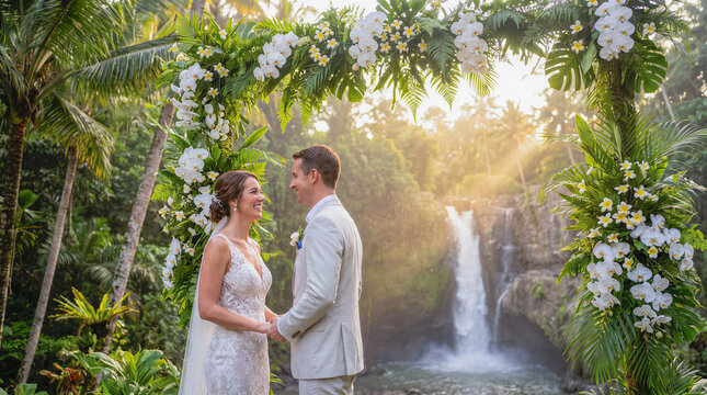 Newlywed couple stands under floral arch against tropical waterfall during exotic destination wedding in Indonesia. Bride and groom exchange romantic looks during honeymoon travel wedding ceremony.