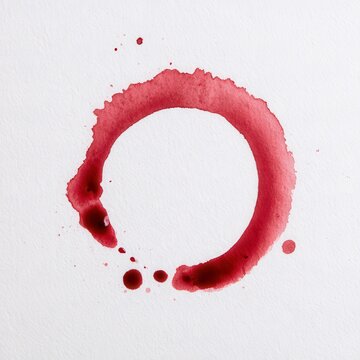 Wine stain circle with droplets, dark red watercolor, white background