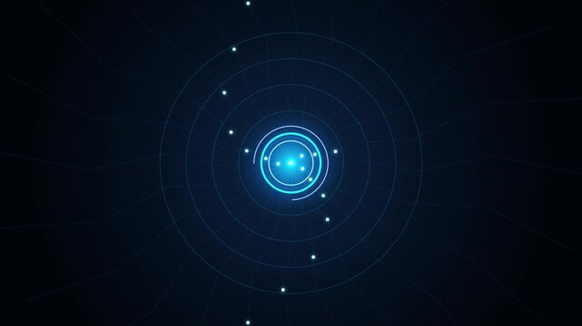 Futuristic Blue Glowing Concentric Circles and Radiant Digital Network Lines with Light Particles Flowing on Dark Background video