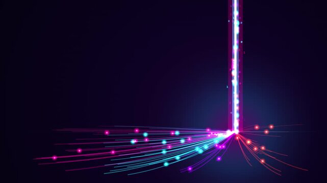 Futuristic Pink and Blue Glowing Digital Data Stream Lines with Binary Code and Particle Nodes Flowing on Dark Technology Ba video