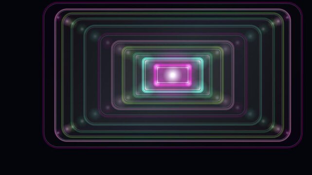 Concentric neon rectangles form a looping abstract design on a dark background