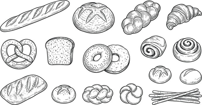 Hand drawn bakery product line art vector illustration set featuring vintage sketch style bread baguettes croissants pretzels and buns for cafe menus