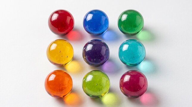 Colorful glass spheres in a grid, nine vibrant translucent marbles on white, rainbow glass balls for creative design and education concepts