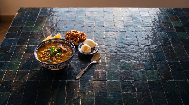 Traditional Moroccan Harira Soup with Dates, Chebakia & Eggs   