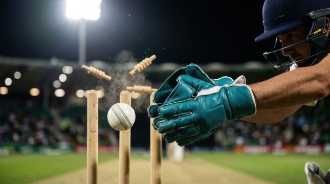 Wicketkeeper in helmet and teal gauntlets catching white leather cricket ball as wooden bails dislodge over stumps under stadium floodlights.