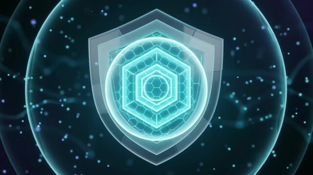 Futuristic cyber security shield logo animation, glowing digital protection graphic, teal network firewall technology background loop