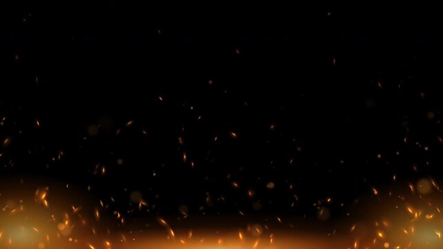 Fire sparks and glowing embers rising from the bottom on black background seamless loop 4K burning particles overlay with hot orange glow