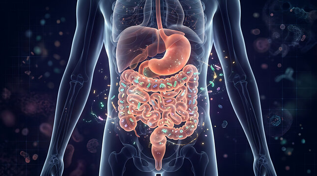 Human digestive system anatomy with glowing stomach and intestines featuring colorful microbiome bacteria particles inside transparent body silhouette for medical education and scientific research on
