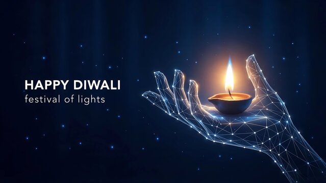 Happy Diwali Technology Background with Wireframe Mesh Robot Hand Holding Diya.