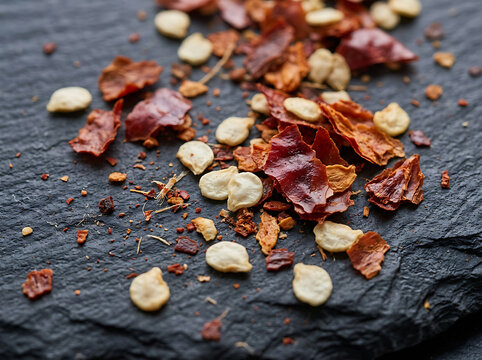 Dried red chili pepper flakes and seeds on a dark slate stone surface.