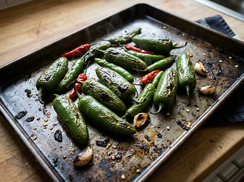 Roasted green jalape&ntilde;o peppers with garlic cloves on a baking sheet.