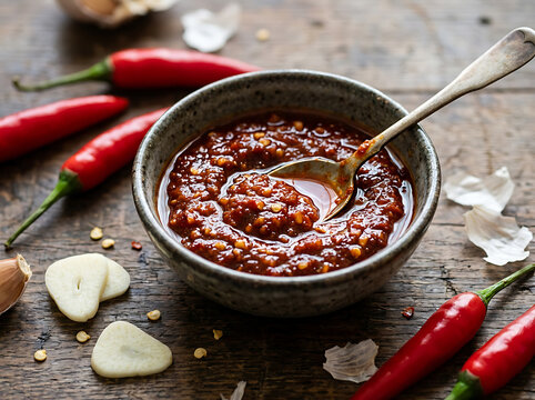A small ceramic bowl filled with spicy chili sauce and fresh garlic cloves on a wooden table.