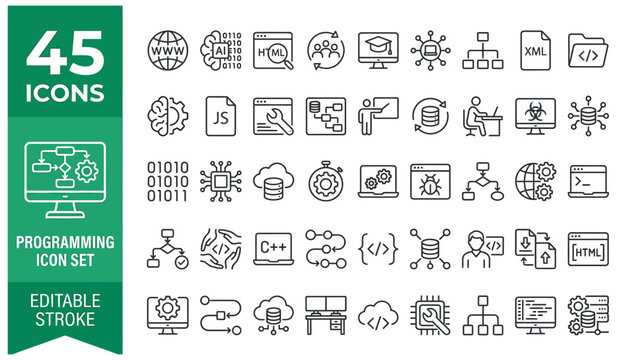 Programming icon set with linear code development and software symbols for web design project development.