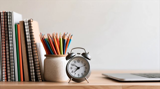 Study Habits Workspace with Alarm Clock, Pencils and Notebooks