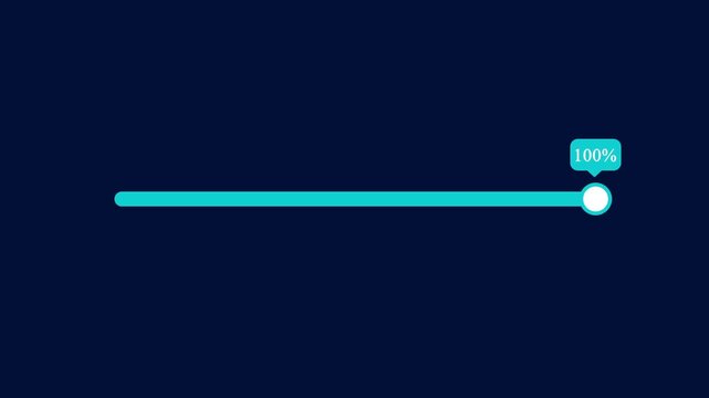 Motion graphic of a cyan progress bar slider with a circular knob reaching 100 percentage completion on a dark navy background, depicting full loading, completion status, or maximum volume adjustment.