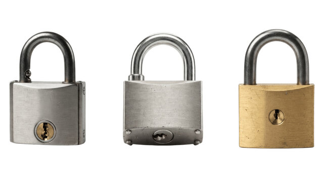Three padlocks with brass gold bronze metal keys security lockup