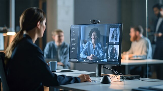 Hybrid Meeting Support Desk with Remote Team on Screen