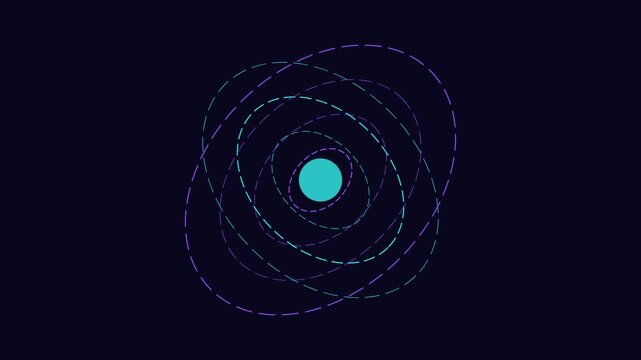 Bright blue circle surrounded by spinning dashed neon orbit lines against dark background