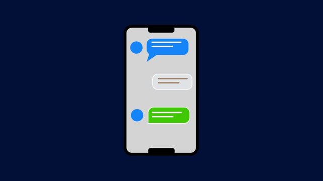 Flat vector illustration of a smartphone screen displaying chat bubbles and messaging interface isolated on a dark background, depicting mobile communication, social interaction,