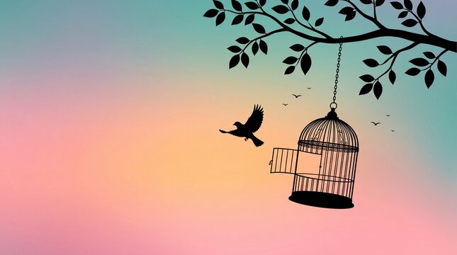 Bird escaping from open cage on tree branch, freedom and liberation concept, silhouette of bird flying to liberty, pastel gradient sky background