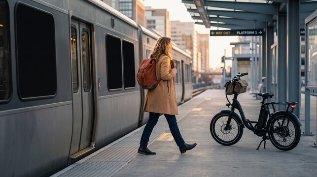 Commuter switches from train to e-bike at sunrise