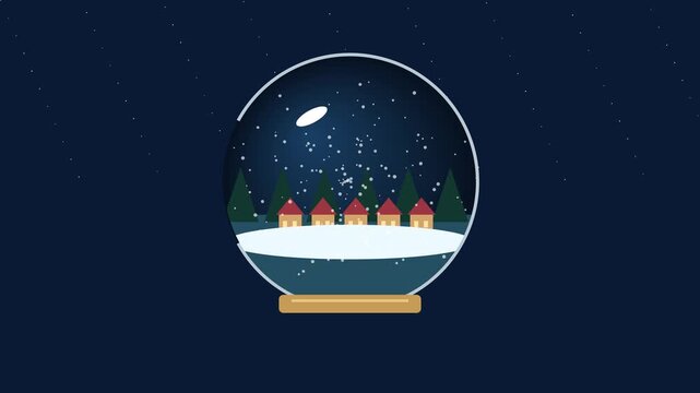 A decorative glass snow globe containing a tiny Christmas village, pine trees and swirling snow on a deep blue festive background.