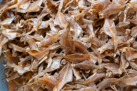 Dried leatherjacket fish stacked densely as preserved seafood ingredients