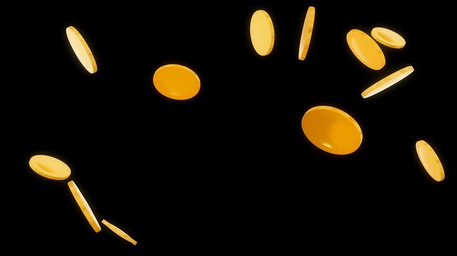 Golden coins falling on black background, seamless looping 3D animation of shiny gold currency tumbling in slow motion, luxury wealth and finance concept, 4K motion background