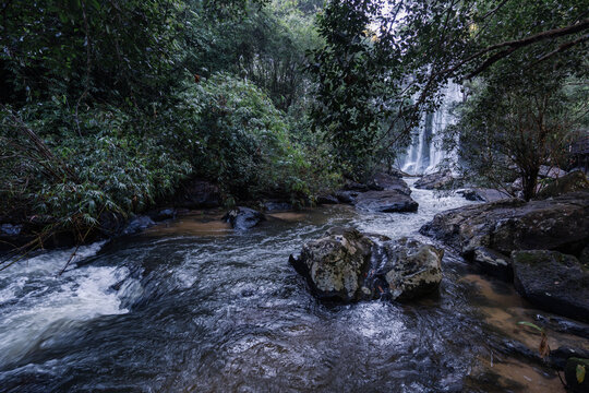 Tropical River Rapids Leading Toward a Distant Waterfall