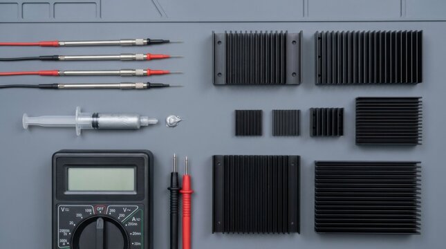 Knolling of electronics testing tools on an antistatic surface, including micro-coaxial probes, thermal paste compound syringe, digital multitester, and finned aluminum heatsinks.