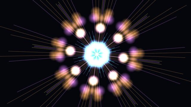 Abstract glowing light loop with radiating beams and circular bokeh patterns on a black background