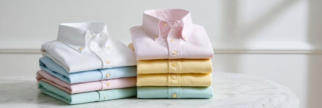 Five folded Oxford shirts in white, pale blue, light pink, soft yellow, and mint green are neatly displayed on white marble.