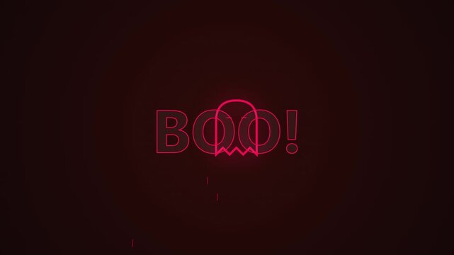 Glowing red neon boo typography brightens a dark halloween backdrop, ideal for invitations, social posts, party promotions, and video intros.
