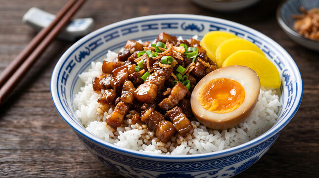 Taiwanese Lu Rou Fan Braised Pork Rice Studio Food Photography, Soy Braised Pork Belly with Rice and Egg Close Up