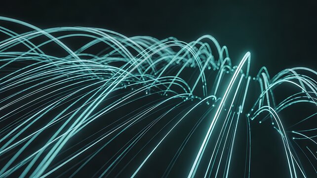 Abstract photonic light streams with glowing optical trails, high speed data transmission, fiber optic communication, and futuristic digital technology background. 3d rendering 