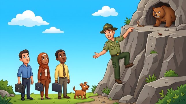 3D Cartoon Illustration of Leadership: Scout Leader Guiding Diverse Business Professionals up Steep Cliff with Wild Challenges