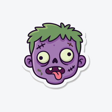 Funny cartoon zombie head sticker with green hair and tongue