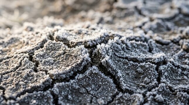 A close-up view of crystallized ice crystals covering the uneven surface where the frozen soil crack climate change phenomenon is visible with stark textures and natural winter light