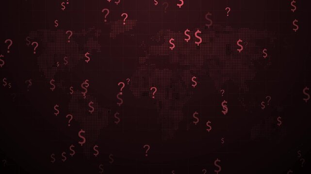 Dark world map background with floating dollar signs and question marks animation