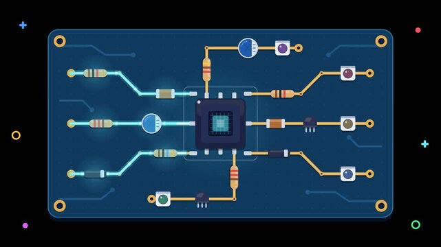 Vector illustration of a complex microchip circuit board with electronic components and glowing lines