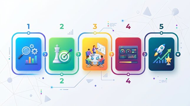 Modern linear infographic diagram featuring five sequential milestones with colorful gradient panels and practical s for corporate strategic planning presentation workflows and educational