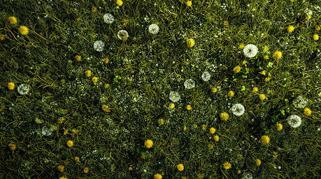 Meadow grass with fluffy white dandelions