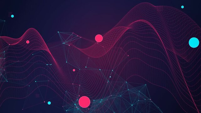 Abstract synthwave wireframe terrain wave with neon pink and cyan plexus grid on dark background in 4k loop