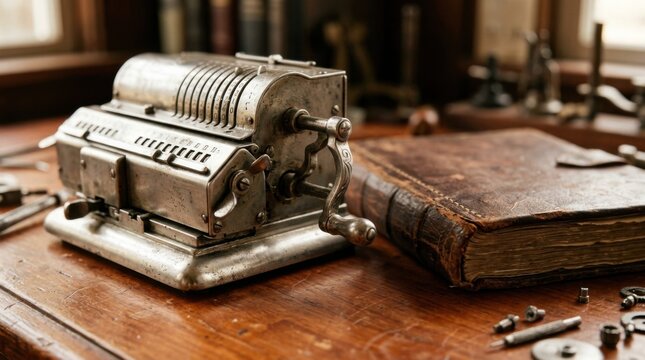 Vintage mechanical pinwheel calculator with burnished silver rotors and hand crank beside an antique leather ledger on a cherry wood desk.
