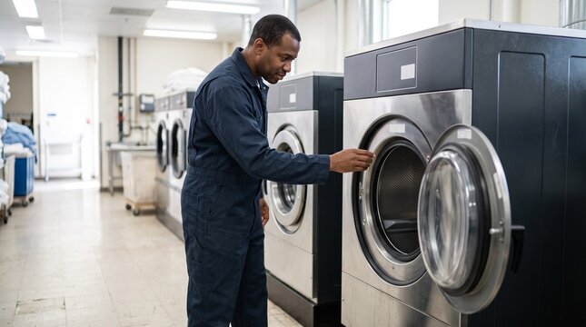 Technician inspects commercial washers in hotel laundry room